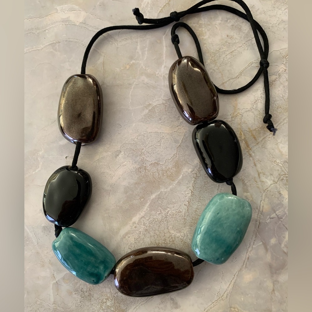Vintage Ceramic Brown  and Teal Stones Necklace